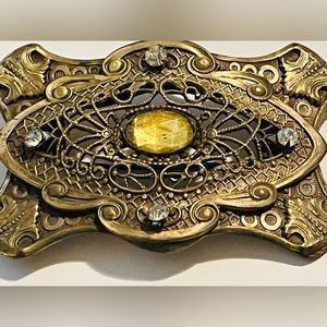 Antique Art deco filigree Brooch with Citrine and Crystal Rhinestones Gold-tone
